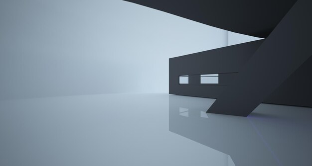 Espace public abstrait intérieur blanc et noir à plusieurs niveaux avec illustration et rendu 3D de fenêtre