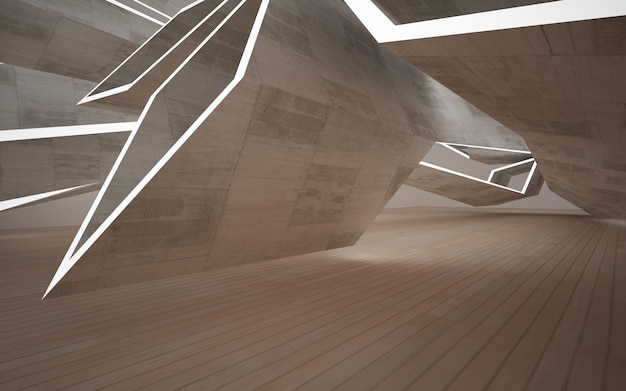 Espace public intérieur abstrait en béton et en bois à plusieurs niveaux avec fenêtre. Illustration et rendu 3D