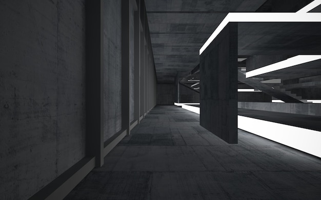 Espace public intérieur abstrait en béton à plusieurs niveaux avec éclairage au néon. Illustration 3D