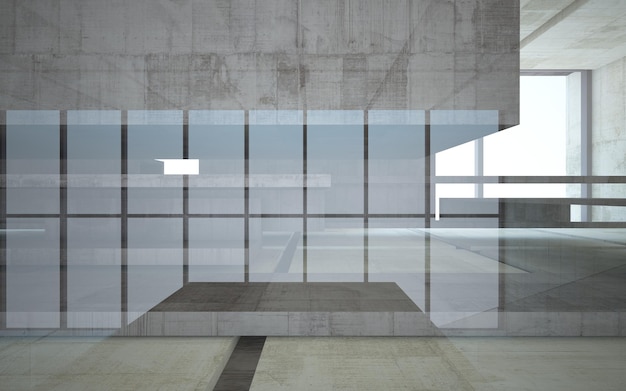 Photo espace public intérieur abstrait en béton à plusieurs niveaux avec éclairage au néon. illustration et rendu 3d