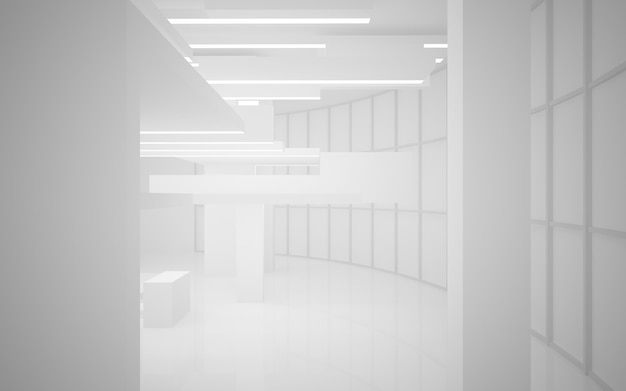 Espace public intérieur blanc abstrait à plusieurs niveaux avec illustration et rendu 3D de fenêtre