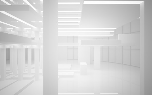 Espace public intérieur blanc abstrait à plusieurs niveaux avec illustration et rendu 3D de fenêtre