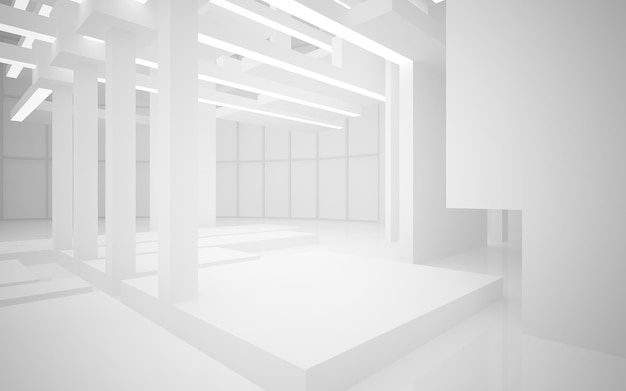 Espace public intérieur blanc abstrait à plusieurs niveaux avec illustration et rendu 3D de fenêtre