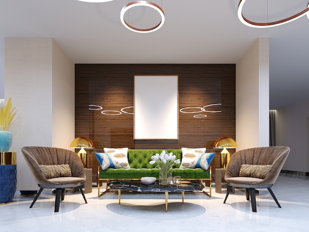 Espace réception et espace salon avec beau mobilier coloré canapé avec deux fauteuils pieds métal
