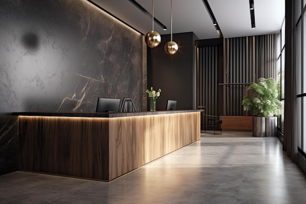 Espace de réception moderne et minimaliste avec un élégant comptoir en bois Generative AI