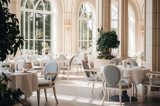 Espace restaurant spacieux avec des tables élégantes et des chaises bleues