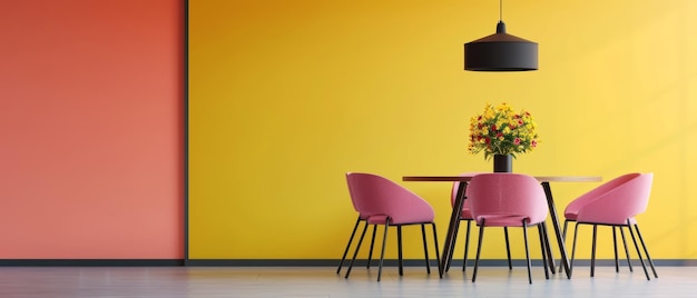 Un espace de salle à manger visuellement frappant avec un mur jaune audacieux et une lampe suspendue noire complétée par une table de couleur foncée et des chaises confortables rembourrées en rose
