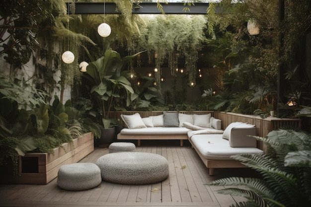 Espace salon extérieur avec des sièges moelleux et des plantes en pot entourées d'une végétation luxuriante