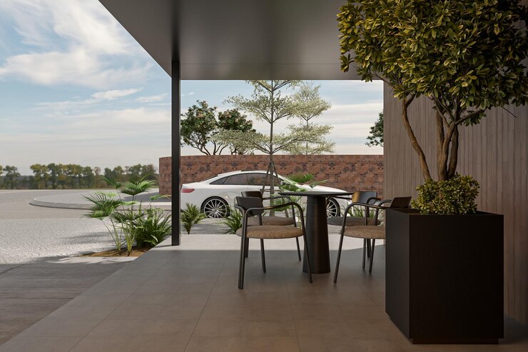 Photo un espace de séjour moderne en plein air avec voiture et verdure