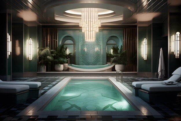 Un espace spa avec une géométrie de piscine de relaxation Art Déco