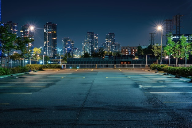 espace de stationnement vide dans le centre-ville avec un paysage urbain moderne éclairé et des bâtiments la nuit