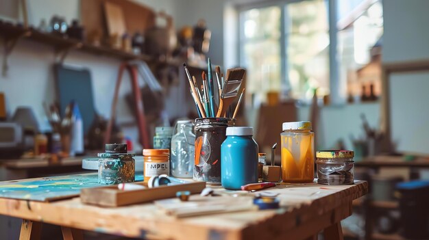 Photo un espace de travail d'artiste avec des pinceaux de table en bois dans un pot et diverses bouteilles de peinture