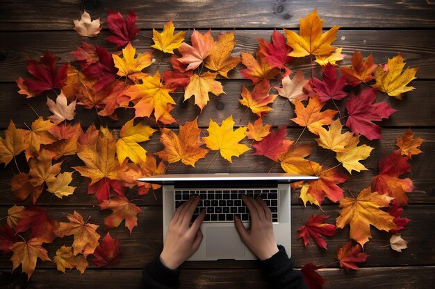 Photo espace de travail d'automne avec ordinateur portable et feuilles d'érable colorées sur fond de bois ai générative