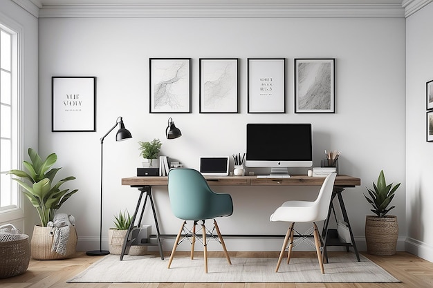 Espace de travail Bliss Mockup de bureau à domicile confortable avec des murs blancs