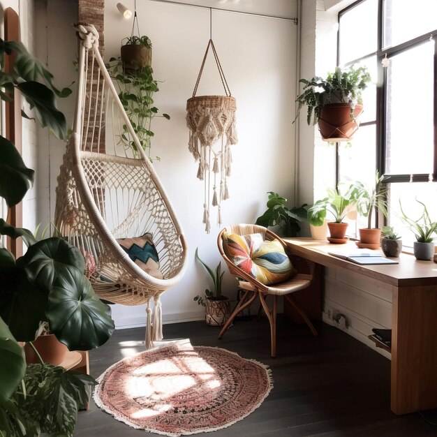 Photo un espace de travail bohème avec un fauteuil en hameau suspendu et des accents botaniques