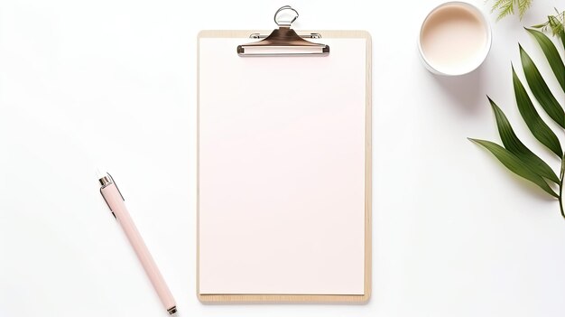 Espace de travail de bureau à domicile minimaliste avec un fond blanc et un espace de maquette vide pour les accessoires élégants pour femmes