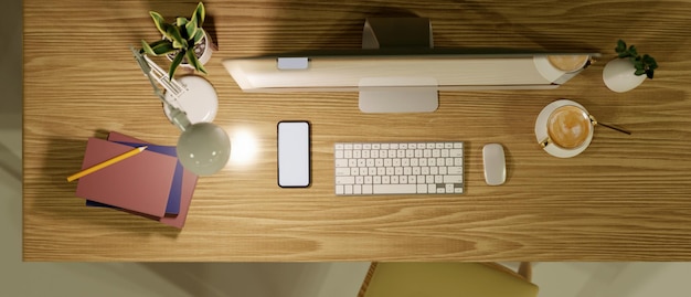 Espace de travail de bureau à domicile moderne avec ordinateur pc et papeterie sur table en bois rendu 3d