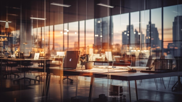 Espace de travail de bureau flou dans l'intérieur du soir