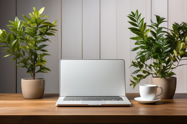 Espace de travail de bureau minimaliste avec un ordinateur portable et un café IA générative