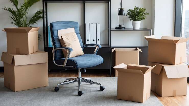 Photo un espace de travail de bureau moderne avec des boîtes déballées et une chaise bleue