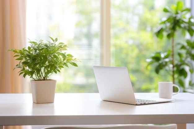 Espace de travail de bureau simple et minimaliste avec un ordinateur portable et une plante en pot dans une lumière naturelle douce Illustration générative de l'IA