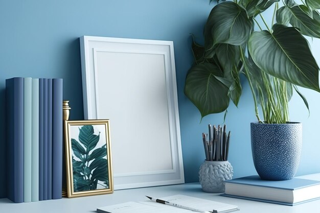 Un espace de travail chic avec des livres une plante dans un pot un cadre et un espace de copie est vu sur un fond bleu