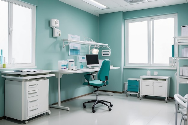 Photo espace de travail de clinique moderne inoccupé avec personne à l'intérieur ayant allumé l'écran de l'ordinateur montrant le rapport médical salle médicale ayant une trousse de premiers soins meubles d'hôpital contemporains et documents des patients