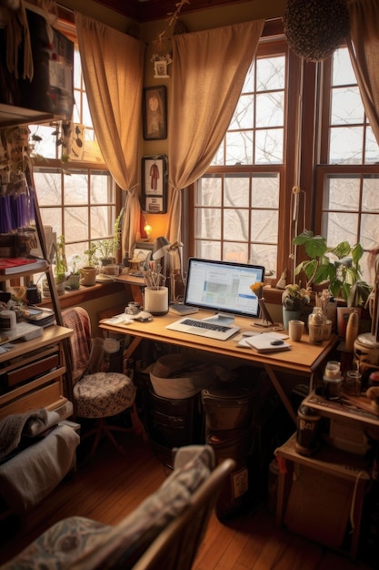 Photo espace de travail confortable pour bureau à domicile avec ordinateur portable et fournitures créés avec l'ia générative