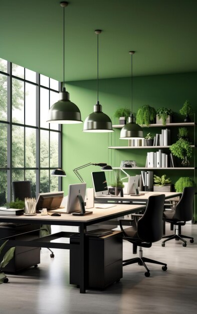 Espace de travail contemporain avec des tons verts