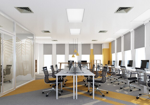 Photo espace de travail dans un bureau moderne avec moquette et salle de réunion de couleur jaune et grise. rendu 3d intérieur