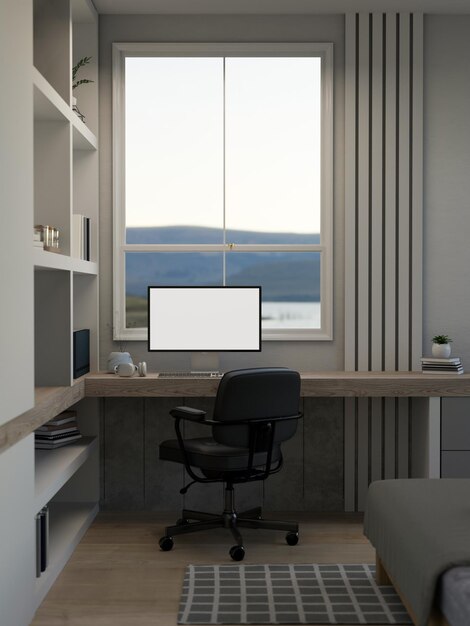 Espace de travail domestique minimal moderne dans le design d'intérieur de la chambre avec maquette d'ordinateur sur la table