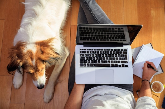 Espace de travail à domicile Étudiant travaillant au sol assisté de son chien Vue de dessus