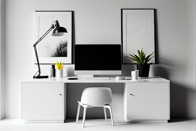 Espace de travail élégant avec écran de maquette d'ordinateur à la maison ou en studio généré par l'IA