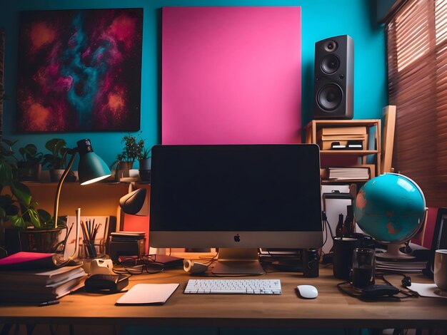 Photo un espace de travail élégant avec ordinateur et affiches à la maison ou en studio