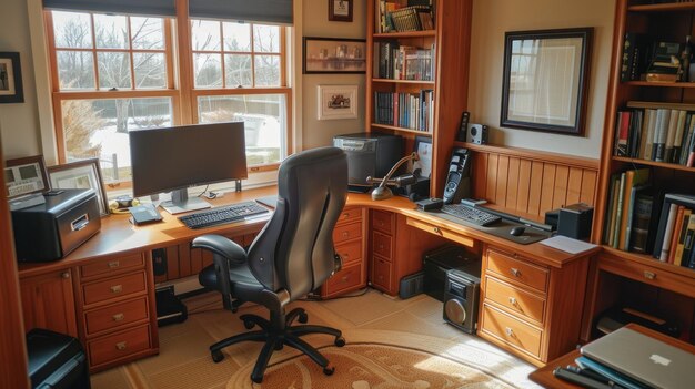 Espace de travail ergonomique Photographies détaillées mettant en évidence les meubles et accessoires ergonomiques dans le bureau à domicile en donnant la priorité au confort et à la santé Illustration générée par l'IA
