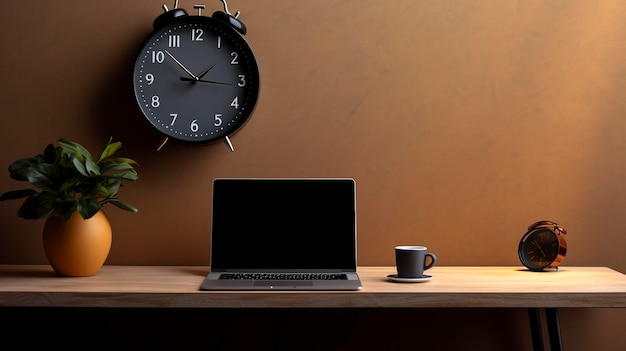 Un espace de travail informatique minimaliste avec un écran d'ordinateur portable et une seule horloge de bureau décorative