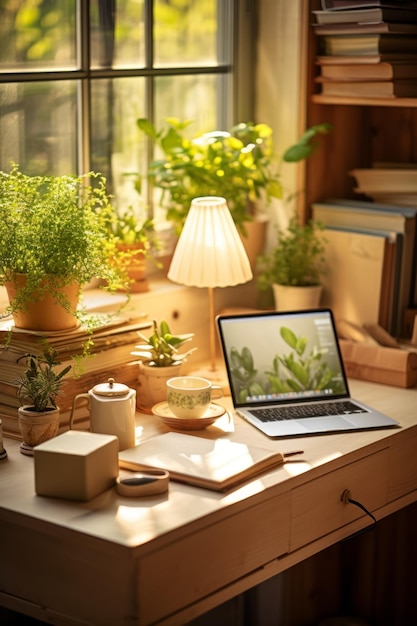 Un espace de travail inspirant avec des plantes et des livres