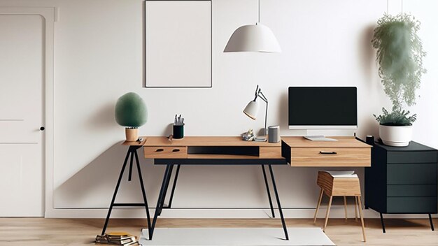 Photo espace de travail d'inspiration scandinave avec un bureau debout et une décoration minimaliste