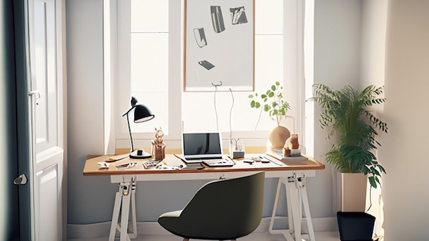 Espace de travail d'inspiration scandinave avec un bureau propre et de la lumière naturelle