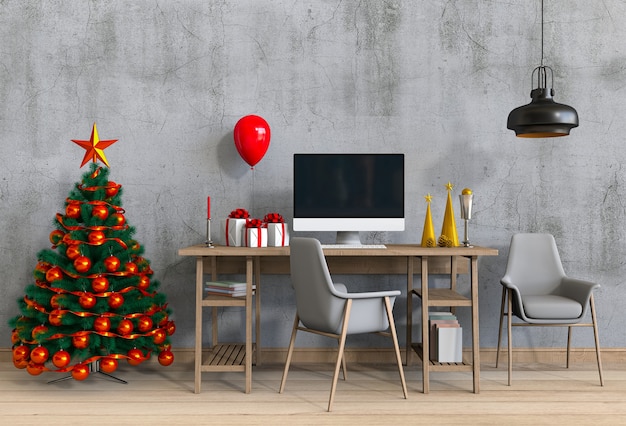 Espace de travail intérieur de Noël avec ordinateur. rendu 3D