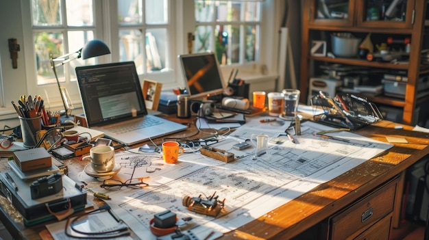 Photo l'espace de travail d'un inventeur créatif encombré d'outils, de plans et de gadgets baigné dans la chaleur