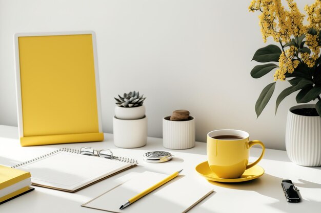 Photo espace de travail lumineux avec des fournitures jaunes à la maison