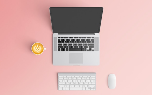 Espace de travail minimal avec tasse à café et ordinateur portable de couleur rose
