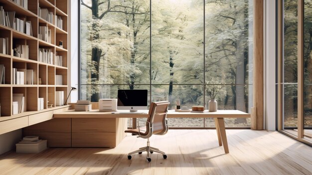 Espace de travail minimaliste propre avec de grandes fenêtres illustration générée par l'IA