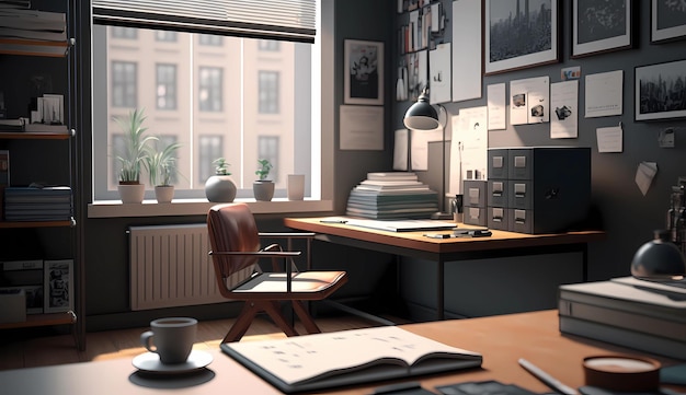 Un espace de travail moderne avec un bureau en bois avec une série de magazines devant une fenêtre avec de la lumière naturelle - Une illustration générée par l'IA