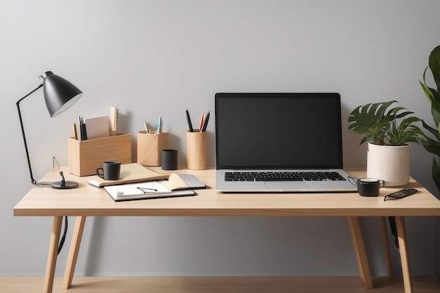 Espace de travail moderne et minimal avec papeterie et décoration pour ordinateur portable sur table en bois