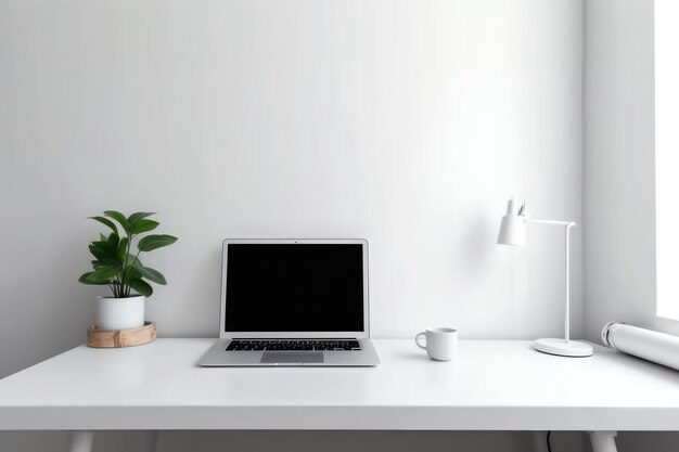 Un espace de travail moderne avec un ordinateur portable à écran vide et une IA générative à cadre blanc