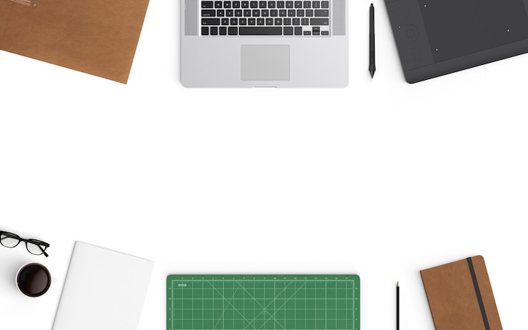 Photo espace de travail moderne. vue de dessus. style à plat
