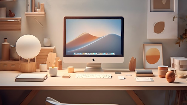 Photo espace de travail avec ordinateur à la maison ou en studio un bureau avec des fleurs