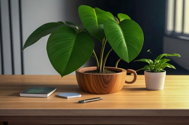 Espace de travail avec un peu d'espace vide sur une table en bois Configuration d'un bureau propre à la maison Petites plantes de la maison